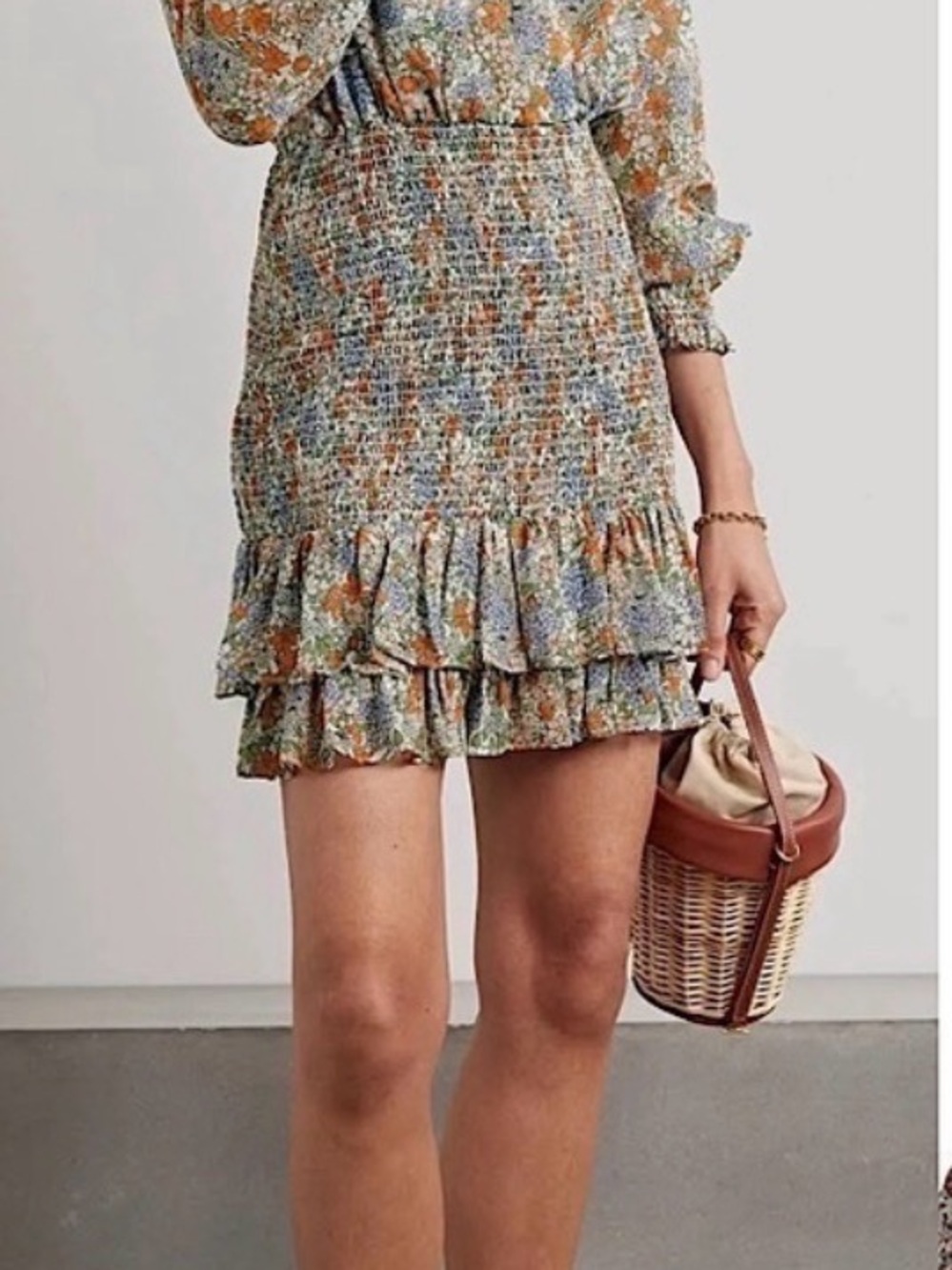 Veronica Beard Floral Smocked Ruffle Mini Dress - Green, Orange, Lavender